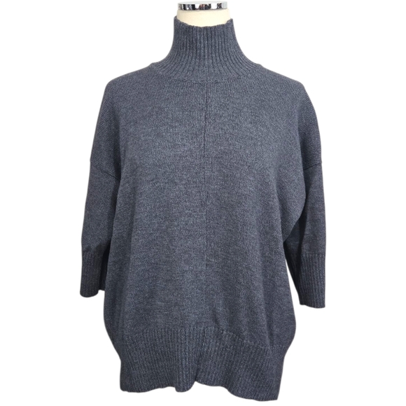 Eskandar 100% Merino Wool Sweater Heathered Blue Mock Neck 3/4 Sleeve